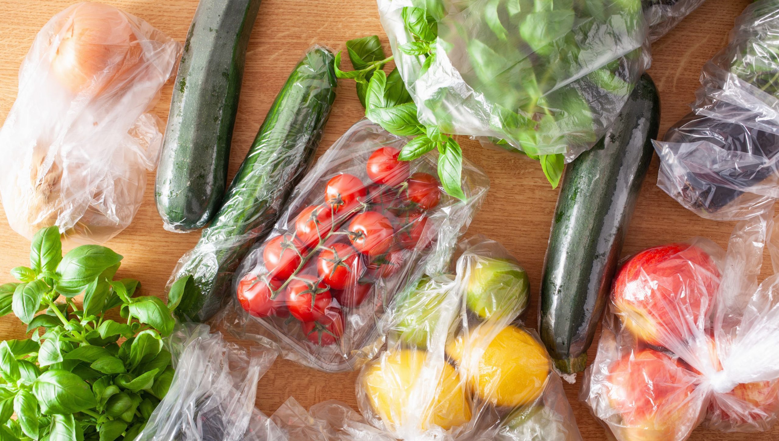 single use plastic packaging issue. fruits and vegetables in plastic bags